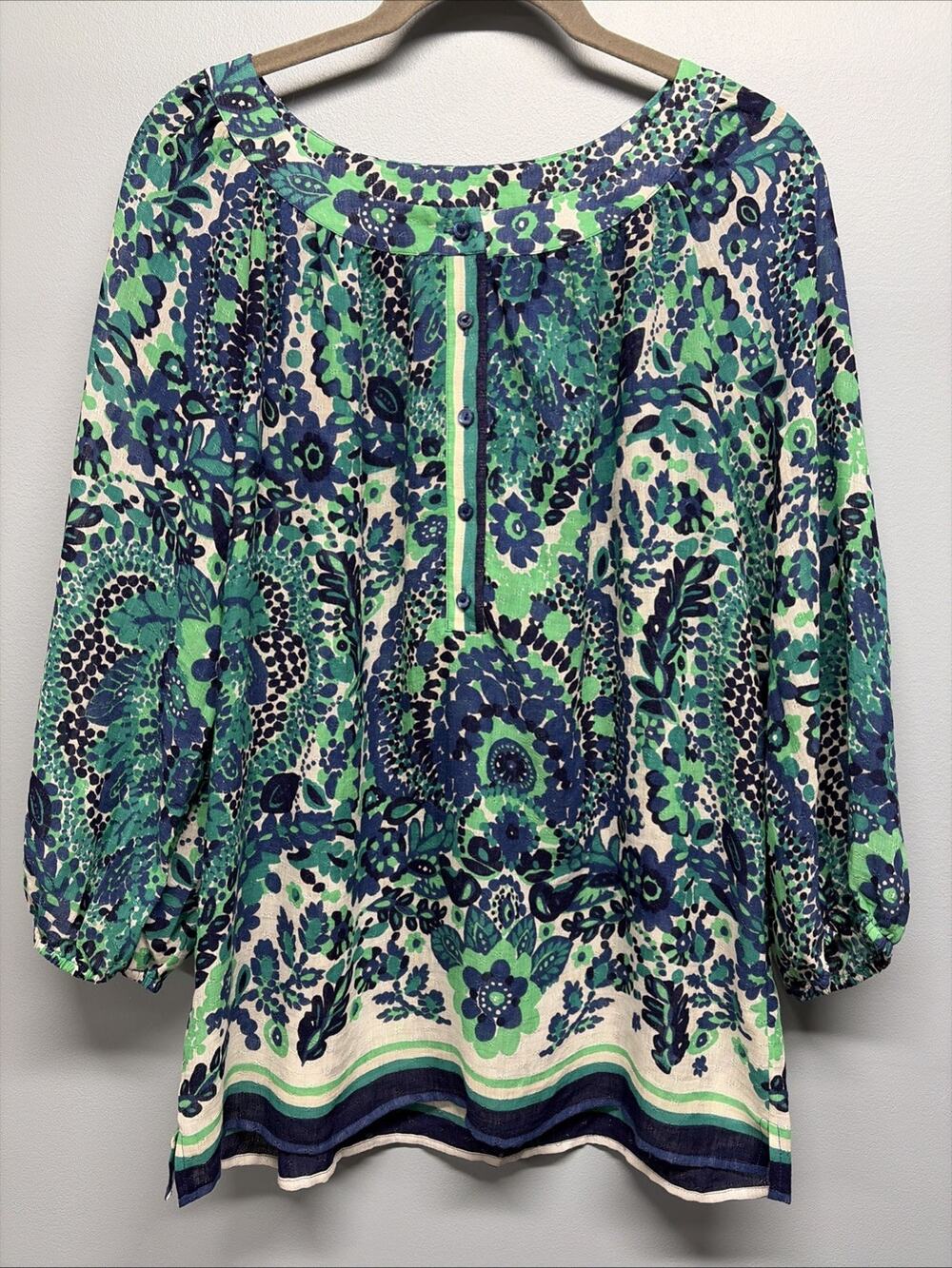 Trina Turk Lysandra Printed Boho Peasant Top Cotton Linen - Women’s Size Medium